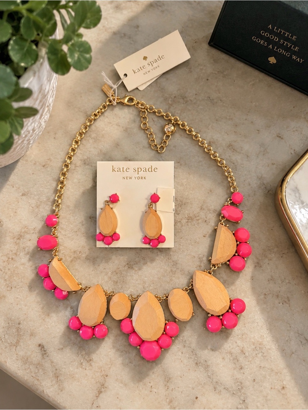 kate spade Pink and Gold Wood-Accent Statement Necklace with Matching Earrings